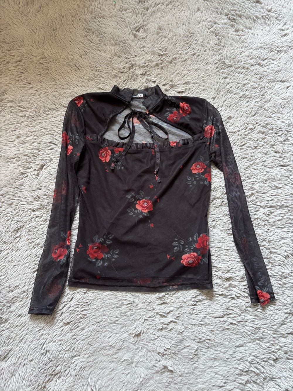 Missguided + Black Sheer Mesh Long-Sleeve Top with Red Rose Print size 4